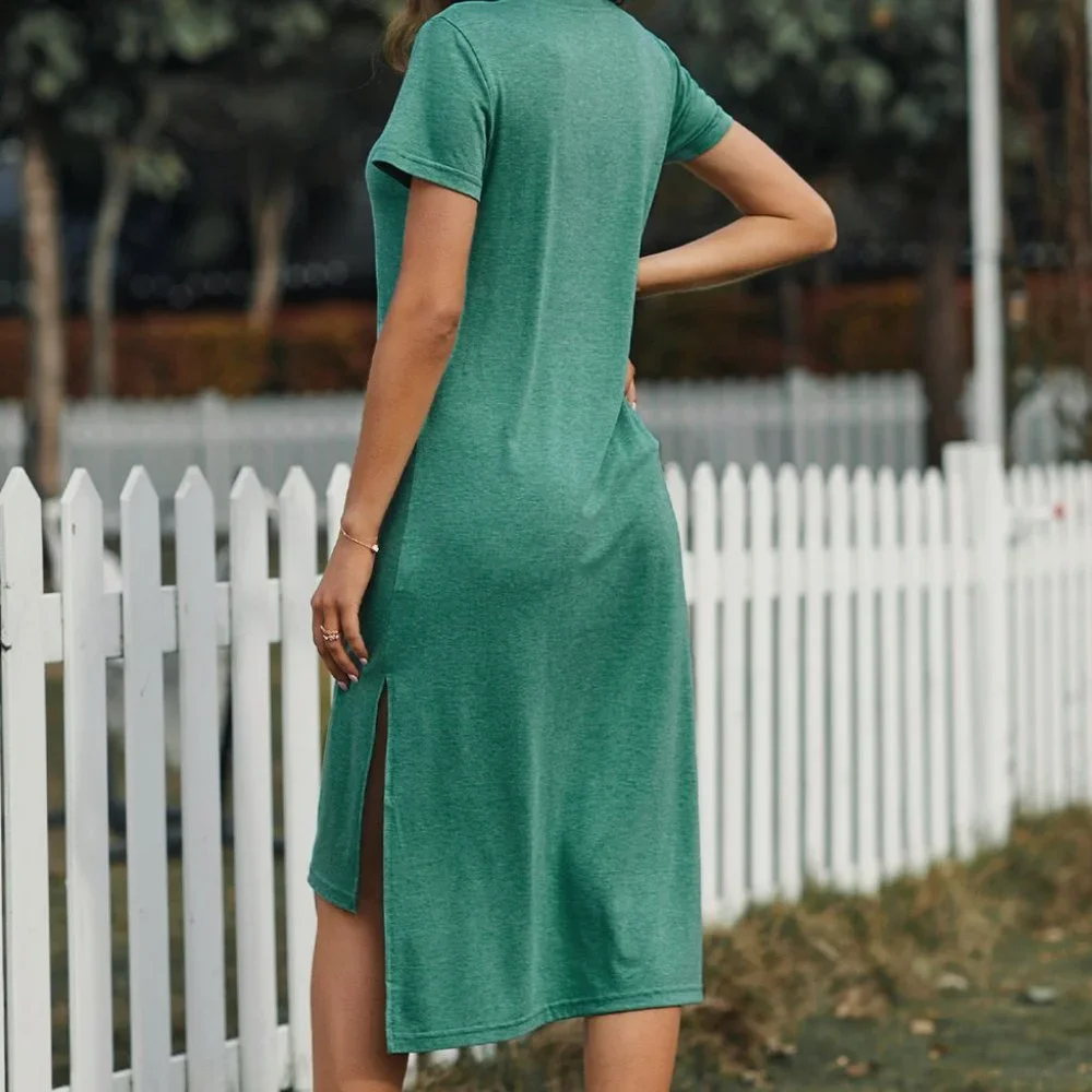 Green Casual Short Sleeve T-shirt Midi Dress with High Splits - Picture 7 of 14